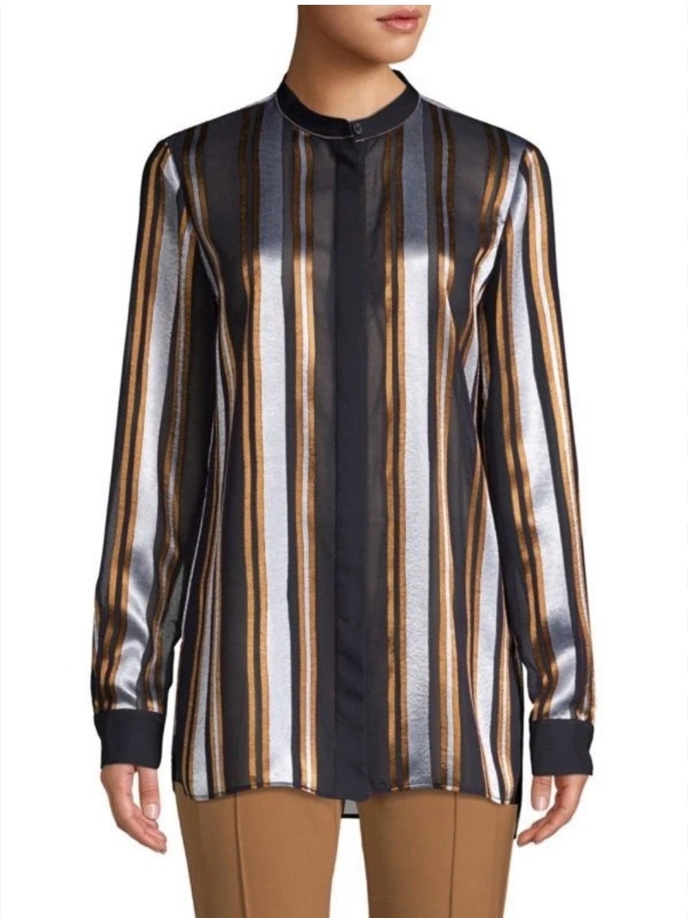 Lafayette 148 New York Striped Metallic Semi Sheer Blouse Black, Silver Gold XL